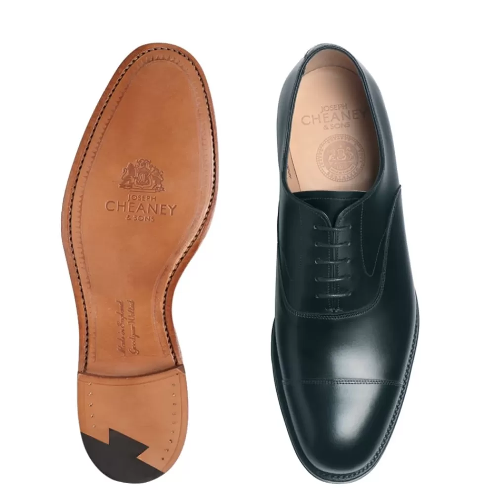 Cheaney Oxfords | Alfred Capped Oxford In Black Calf Leather | Leather Sole
