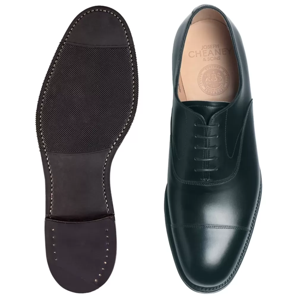Cheaney Oxfords | Alfred D Capped Oxford In Black Calf Leather | Diamond Rubber Sole