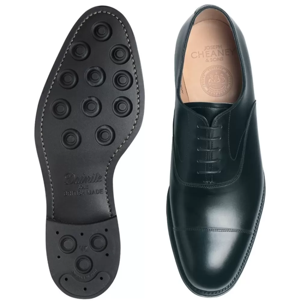 Cheaney Oxfords | Alfred R Capped Oxford In Black Calf Leather | Studded Rubber Sole