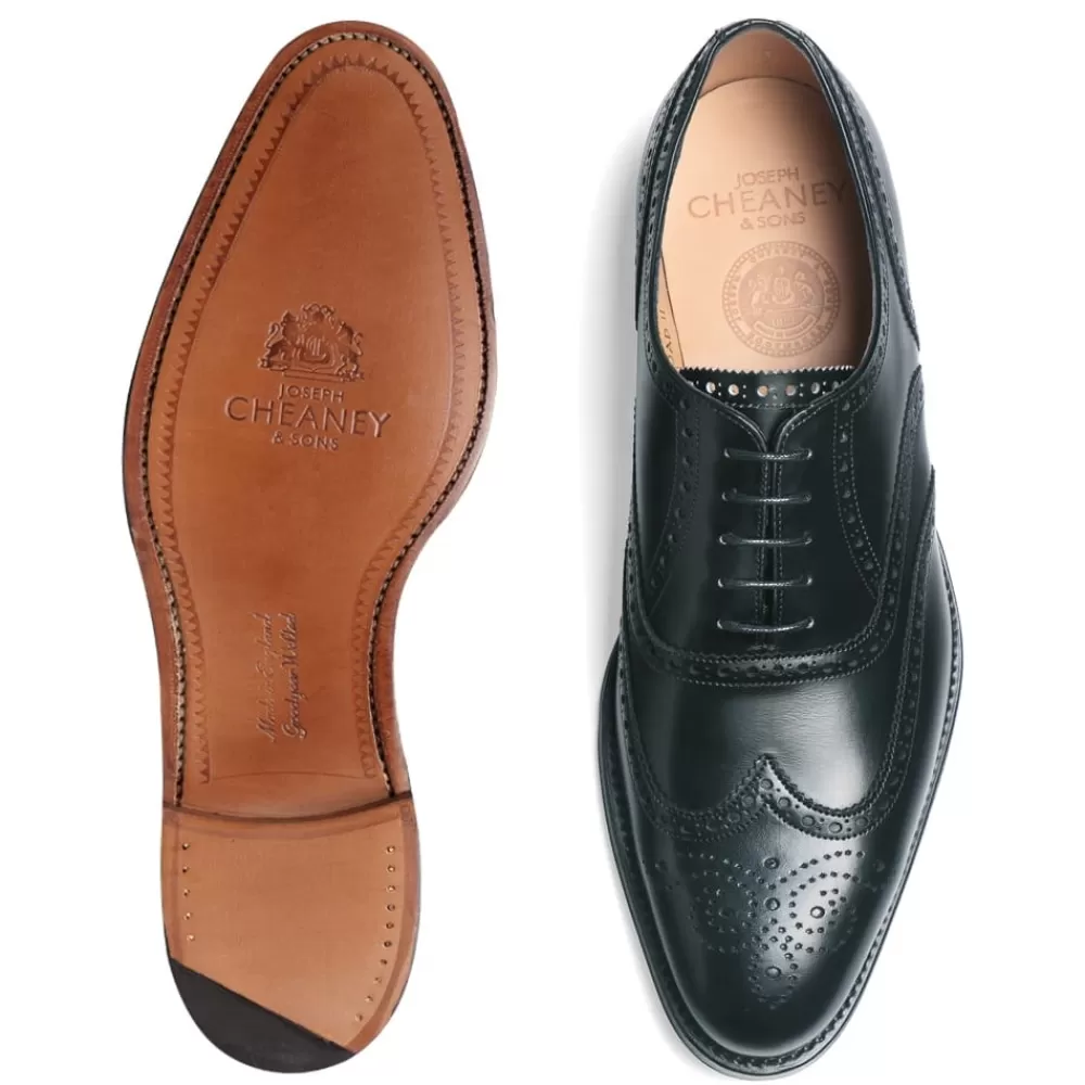 Cheaney Brogues | Broad Ii Oxford Wingcap Brogue In Black Calf Leather | Leather Sole