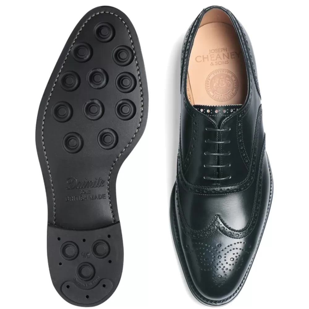 Cheaney Brogues | Broad Ii R Oxford Wingcap Brogue In Black Calf Leather | Rubber Sole