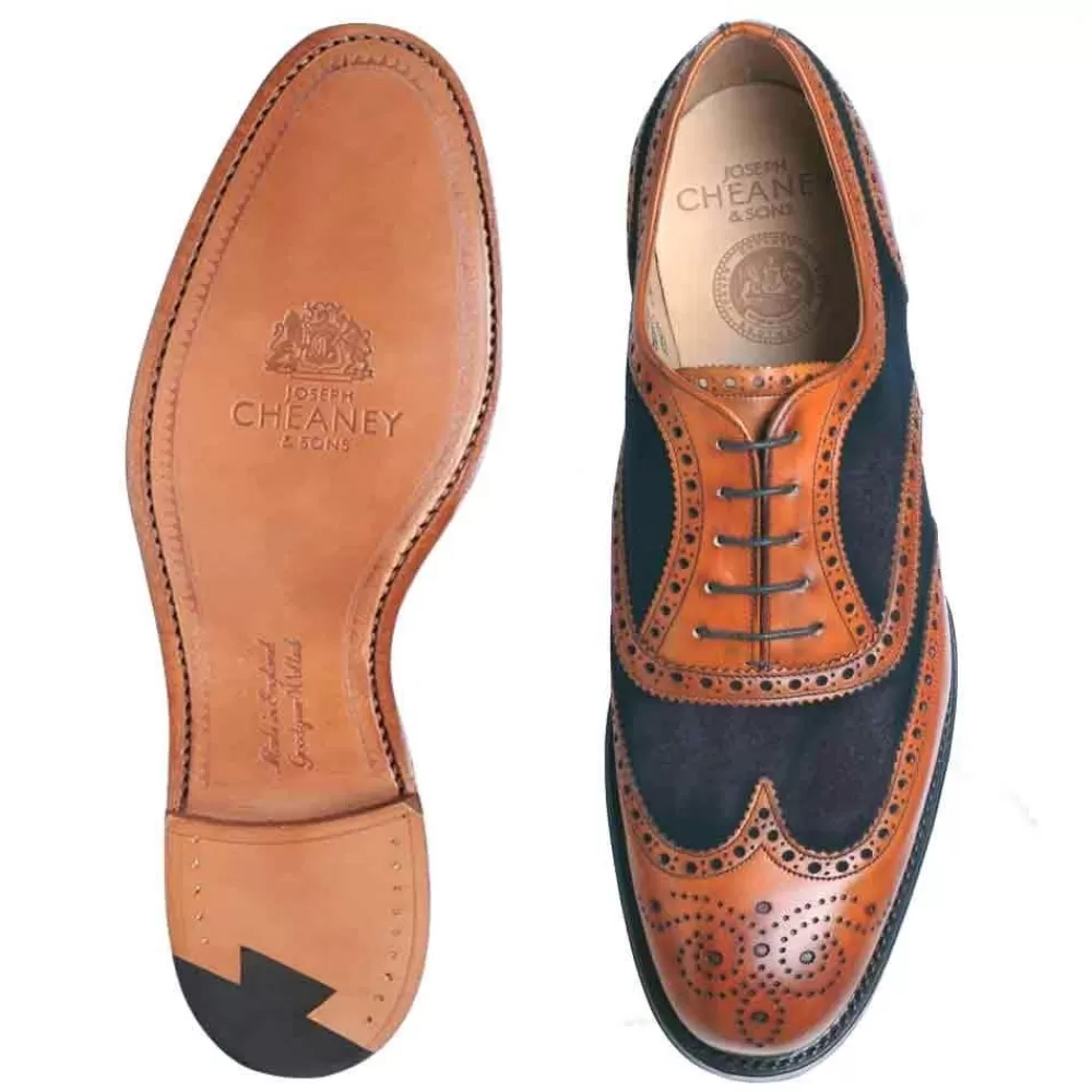 Cheaney Brogues | Edwin Two Tone Oxford Brogue In Chestnut Calf/Navy Suede