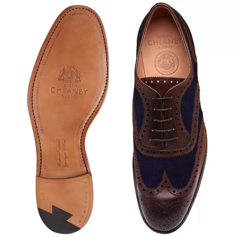 Cheaney Brogues | Edwin Two Tone Oxford Brogue In Mocha Calf/Navy Suede