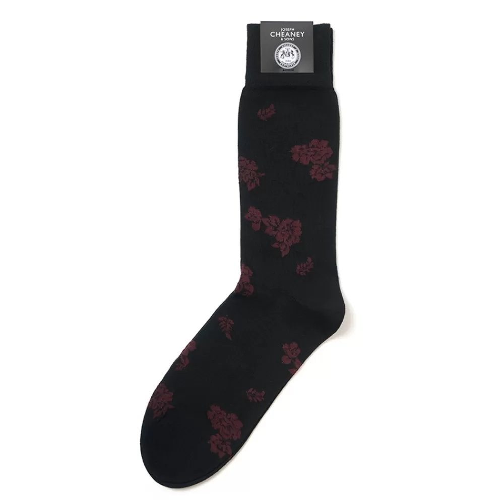 Corgi Socks | Floral Pattern Black/Burgundy Mens Cotton Socks