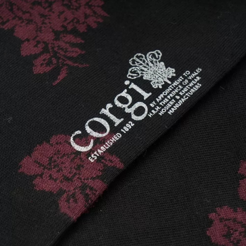 Corgi Socks | Floral Pattern Black/Burgundy Mens Cotton Socks