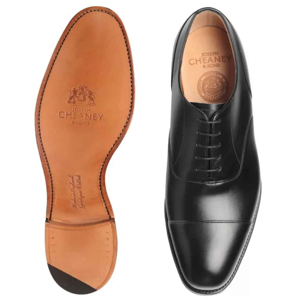 Cheaney Oxfords | Harrington Capped Oxford In Black Calf Leather | Leather Sole