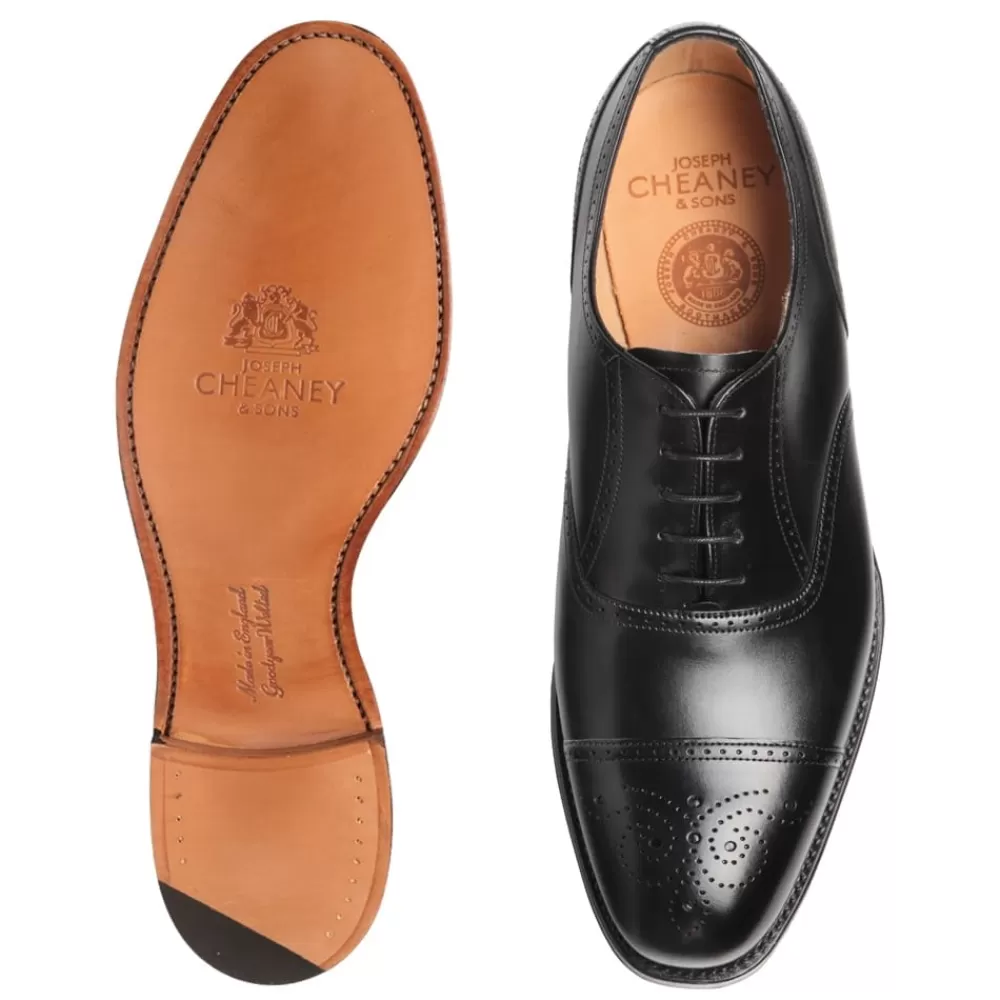 Cheaney Semi Brogues | Kelmarsh Oxford Semi Brogue In Black Calf Leather | Leather Sole