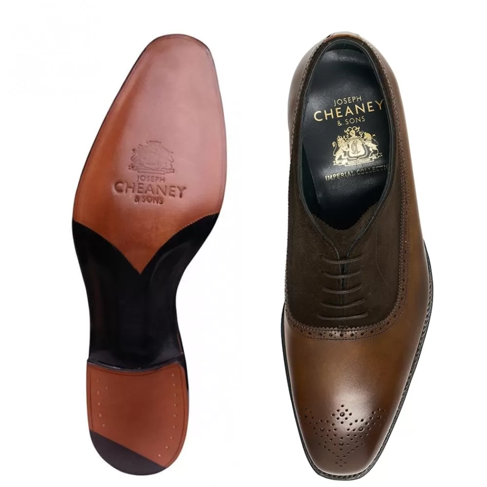 Cheaney Oxfords | Lancaster Punch Capped Oxford In Bronzed Espresso Calf Leather/Bitter Chocolate Suede