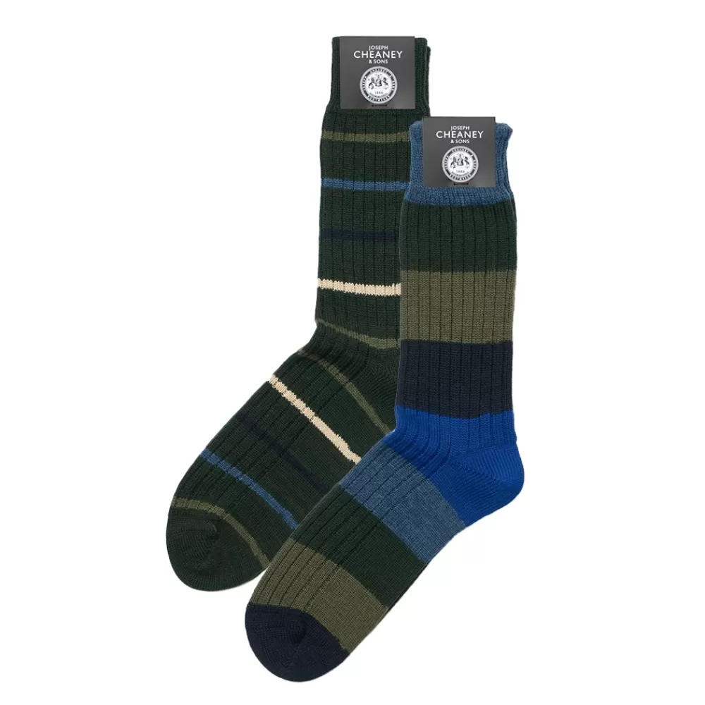 Corgi Socks | Striped Socks Gift Box - 2 Pack - Forest/Cream, Green/Blue