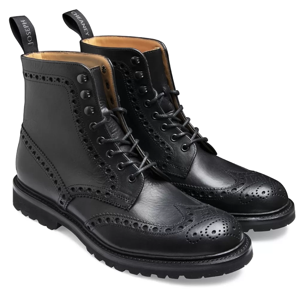 Cheaney Brogue Boots | Tweed Gv Derby Brogue Boot In Black Eco Oiled Leather