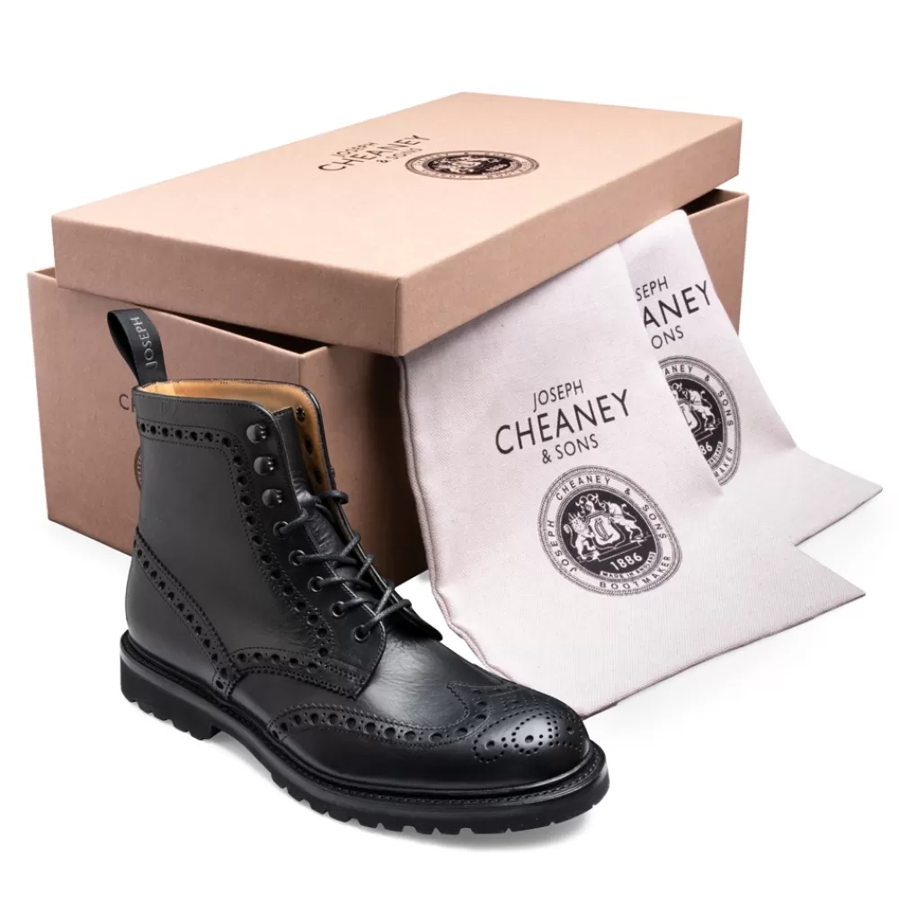 Cheaney Brogue Boots | Tweed Gv Derby Brogue Boot In Black Eco Oiled Leather